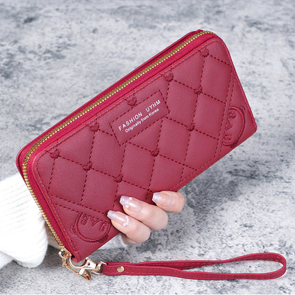 New Women's Wallet Long Single Zipper Solid Color Embroidered Hand Bag Large Capacity Coin Purse Multifunctional Mobile Phone Bag