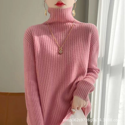 Autumn and Winter New High Collar 100 Pure Wool Sweater Women's Knitted Sweater Loose Pile Collar Warm Top Slim Base Shirt