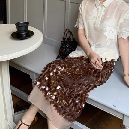 Autumn and Winter Warm-Toned Caramel Coffee-Colored Square Sequin Glitter Versatile High-End Splicing Straight Skirt