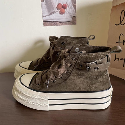 Nubuck Leather High-Top Canvas Shoes for Women 2025 Autumn and Winter Versatile New Products Casual Fashion Thick-Soled Height-Increasing Sneakers