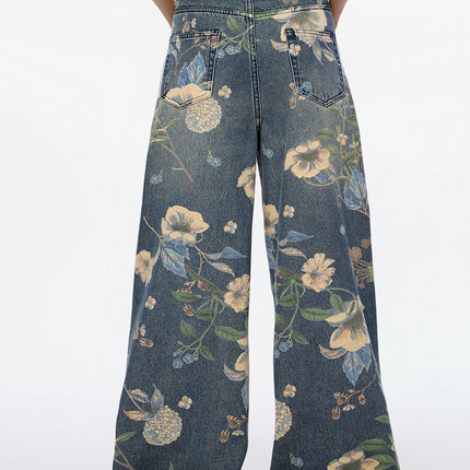 Unisex American High Street Floral Wide-Leg Jeans Printed Loose Fit Nine-Point Two Wide-Leg Floor-Length Pants