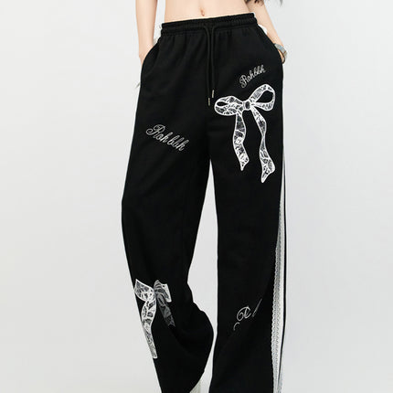 Trendy Jazz Dance Ballet Style Lace Trim Casual Pants Elastic Waist Sports Straight Slim Versatile Black Long Pants
