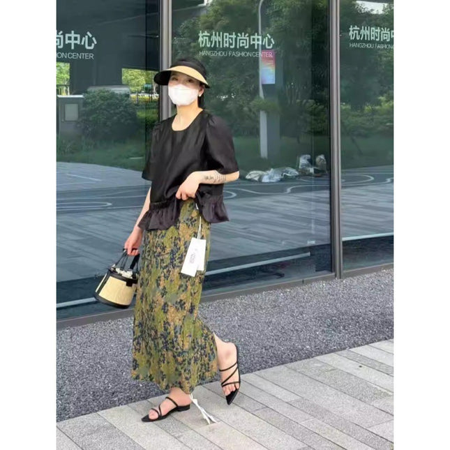 2026 Summer New Style Elastic Waist Back Slit Green Floral Skirt French Pleated Textured A-Line Skirt