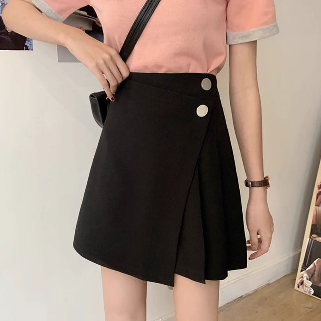 Asymmetrical Pleated High-Waisted Hip-Lifting Skirt, New Summer Style, Hip-Covering and Slimming Look Black Versatile A-Line Skirt