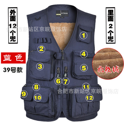 Winter clothing warm vest men's multi-pocket and velvet thickened leisure vest outdoor travel mountaineering outdoor winter wear cold clothing