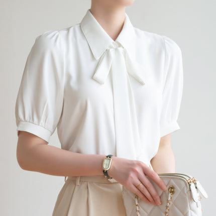 Commuter White Shirt Women's Bow Ribbon Chiffon Summer New Puff Sleeve Professional Interview Dress Short Sleeve Shirt
