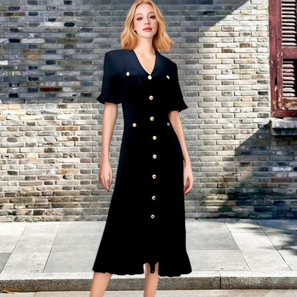 2026 Summer New French-Style Women's Long Dress, Elegant Socialite A-Line Knit Dress with V-Neck, Short Sleeves, and Slit
