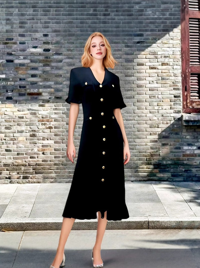 2026 Summer New French-Style Women's Long Dress, Elegant Socialite A-Line Knit Dress with V-Neck, Short Sleeves, and Slit