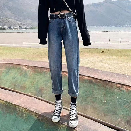 2025 Spring and Autumn New Black Loose Harlan Jeans Women's Nine-point Slim Pear-shaped Figure Turnip Pants
