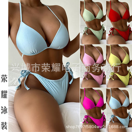 2024 New Foreign Trade Cross-border Bikini Solid Color Swimwear European and American Strap Swimsuit Women's Hard Bag Gather Bikini