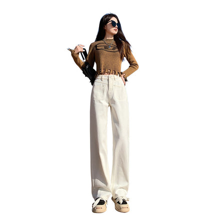 Stitching White Wide Leg Jeans Women's High Waist 2024 Autumn and Winter New Straight Loose Slim Long Pants