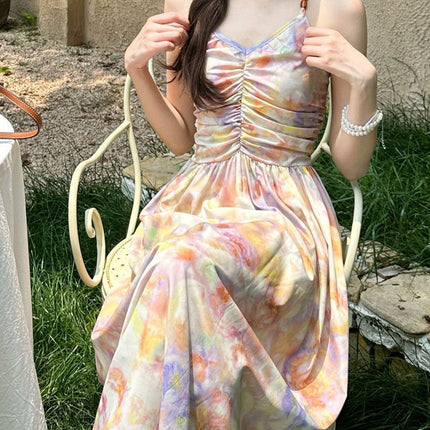 French-Style Oil Painting Halter Neck Spaghetti Strap Dress for Women, New Summer Vacation Style, Backless Floral Mid-Length Dress Ins
