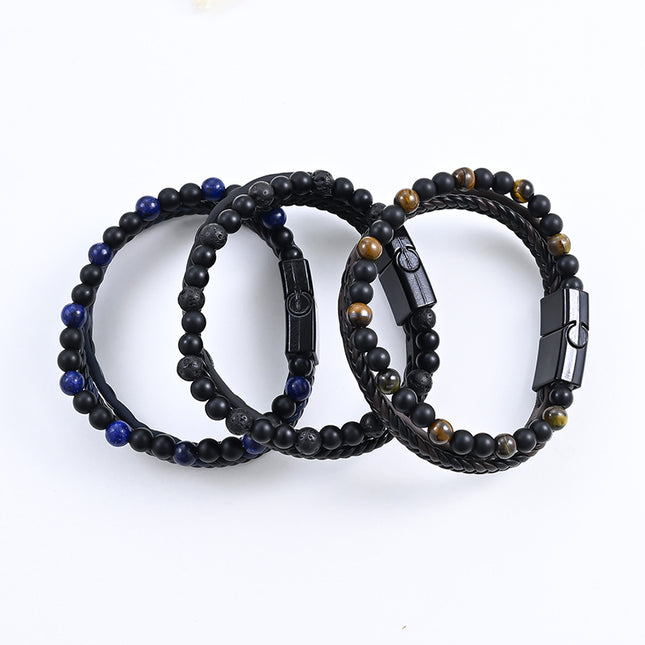 Cross-border personalized trendy leather natural stone hand-woven multi-layer natural stone bracelet men's jewelry bracelet