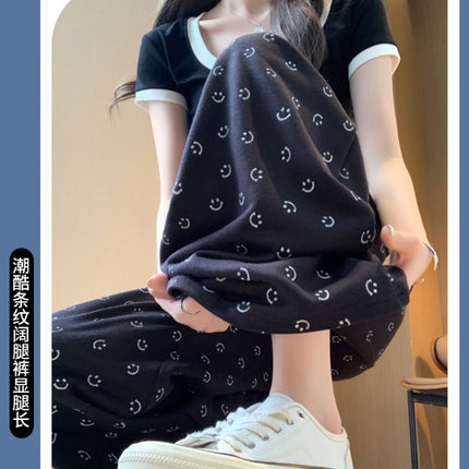 Grey Smiley Print Straight Leg Wide Leg Pants Women's Spring and Autumn New High Waist Dumping Sports Pants Loose Slimming Casual