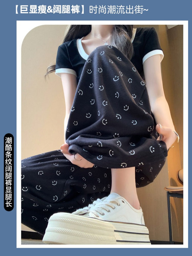 Grey Smiley Print Straight Leg Wide Leg Pants Women's Spring and Autumn New High Waist Dumping Sports Pants Loose Slimming Casual