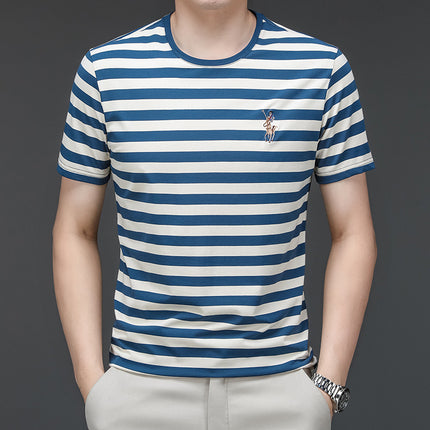 Mingdi Mouse Men's Summer New Short-sleeved Young and Middle-aged Crewneck T-shirt Business All-match Striped Men's T-shirt Top
