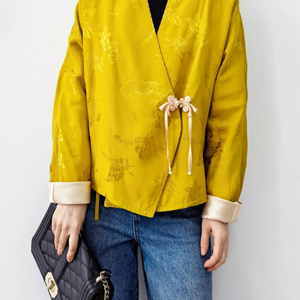 Special Offer: New Chinese-Style Jacquard Tang Suit Jacket, High-End Long-Sleeve Chinese-Style Raglan Sleeves, Tie-Up with Traditional Chinese Buttons, Women's Top with Color-Blocking