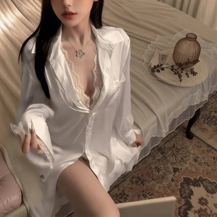 Sexy Pajamas Women's Spring and Summer Ice Silk Boyfriend Style Shirt Shorts Temptation Lace Mid-Length Home 346 Set
