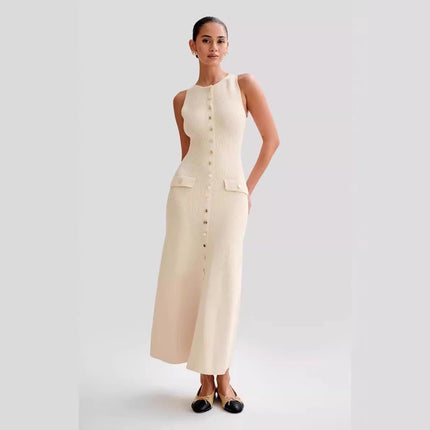 Cross-Border European and American Fashion Aliexpress Popular Round Neck Sleeveless Dress Single-Breasted High Waist Slim Party Banquet Long