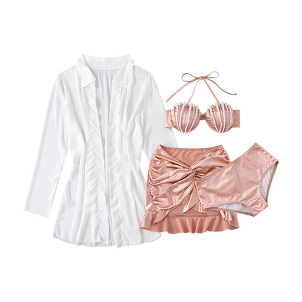 Pure Desire Sexy Hot Girl Swimsuit Girl Bikini Three-Piece Large Size Push-Up Slightly Fat Belly Covering Long Sleeve Blouse Swimsuit