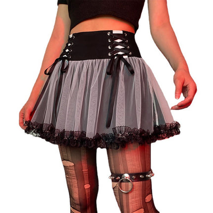 Gothic Mesh A-Line Mini Skirt with Punk Lace-Up High Waist, Sexy Large Hem, Irregular Skirt