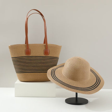 Ready Supply of Large-Capacity Straw Bag Set, Large-Brimmed Sunshade Straw Hat, Single-Striped One-Shoulder Woven Beach Bag for Women, Trendy