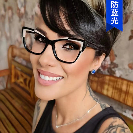 Color-Blocked Cat-Eye Flat Mirror Anti-Blue Light 2024 New Glasses Frame for Women, Versatile European and American Fashion Glasses Frame