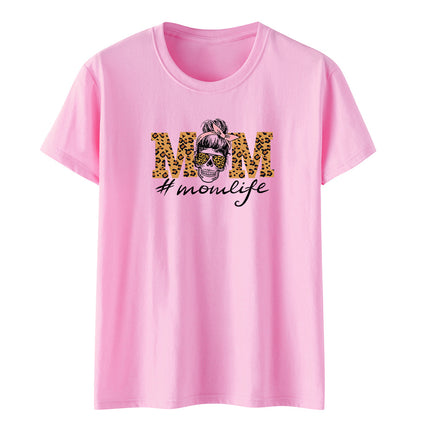 Amazon momlife Skull Leopard Print Sunglasses Mother's Day Gift Letter Print Casual Short Sleeve T-Shirt Women