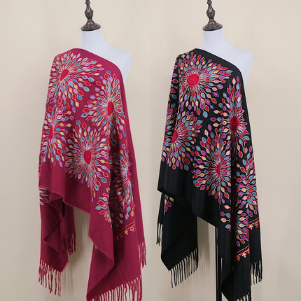 Foreign Trade Imitation Cashmere Sunflower Sunflower Embroidered Flower Scarf Shawl Holiday Ethnic Style Travel Cloak 350g