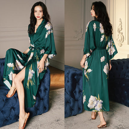 Yaoting New Style Satin Pajamas Women's Summer Large Size Light Luxury Seven-point Sleeve Cool Nightgown Bathrobe Home Clothes Women's WP2669