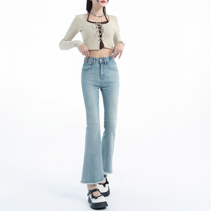 Light Blue Denim Flared Jeans for Women, 2025 Autumn New High-Waisted Slimming Design with Frayed Edges