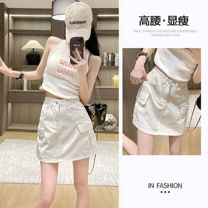 Mike & Card Grey Denim Tooling A Short Skirt Women 2024 Spring and Summer New Design Sense Pocket High Waist Pants