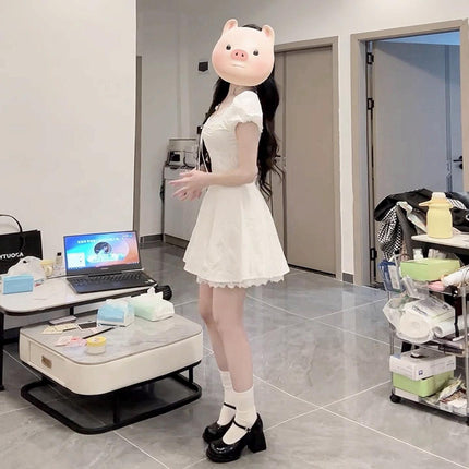 2025 Summer Exclusive White Puffy Short Skirt for Petite Women with Exquisite Lace Trim and Waist-Cinching Design That Exudes a Fairy-Like Vibe