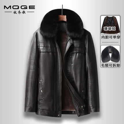 Cross-border plus size detachable liner men's leather jacket business casual dad's leather jacket fleece-lined thickened leather jacket