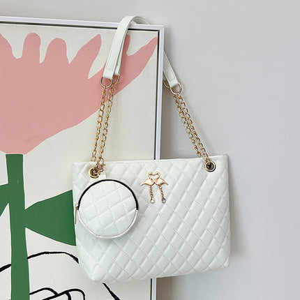 Cross-border Two-piece Fashionable Distinctive Denim Pattern Diamond Pattern Embroidered Tote Large Bag with Mini Change Small Round Bag Trendy
