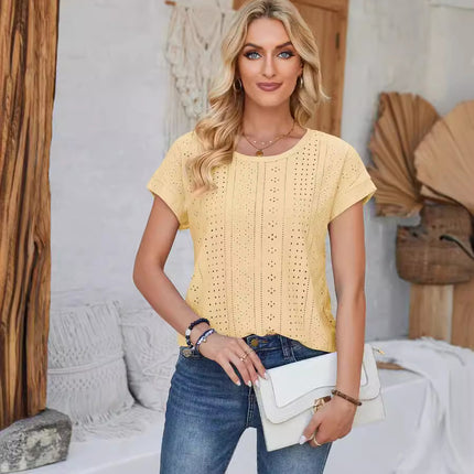 Amazon Independent Station Cross-border European and American Foreign Trade Women's Short-sleeved T-shirt US-size Needle-eye Hollow-out Crewneck Top