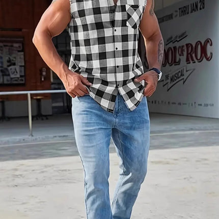 Europe and the United States cross-border personality men's jacket plaid sleeveless shirt men's casual shirt tassel craft shirt foreign trade fixed