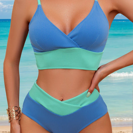 2025 New European and American Cross-Border Bikini Pit Strip Color Matching High Waist Sexy Split Swimsuit Bikini Women's Swimsuit