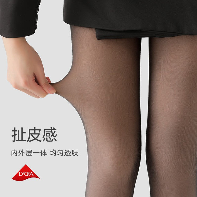 Flight Attendant Gray One-Piece Sheer Pants for Women, Extended Black Silk Leg Artifact, Autumn and Winter High-Waisted Fleece-Lined Fake Sheer Leggings