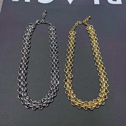 European and American wide thick chain neutral hip hop style clavicle chain metal necklace woven retro glossy thick collar wholesale for women