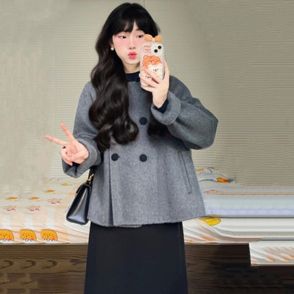 plus size chubby girl autumn and winter women's French Hepburn wind woolen cloth coat knitted sweater dress two-piece suit 200kg