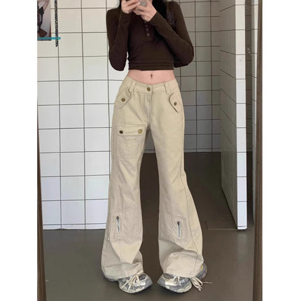 American-style micro-pants overalls women's 2025 spring and autumn new high waist slimming multi-pocket non-leg mop jeans trendy
