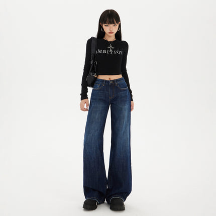 Raccoon Dark Blue Wide-Leg Jeans for Women Autumn and Winter 2025 New Straight-Leg Loose Draped Cat Pattern Tall Pants