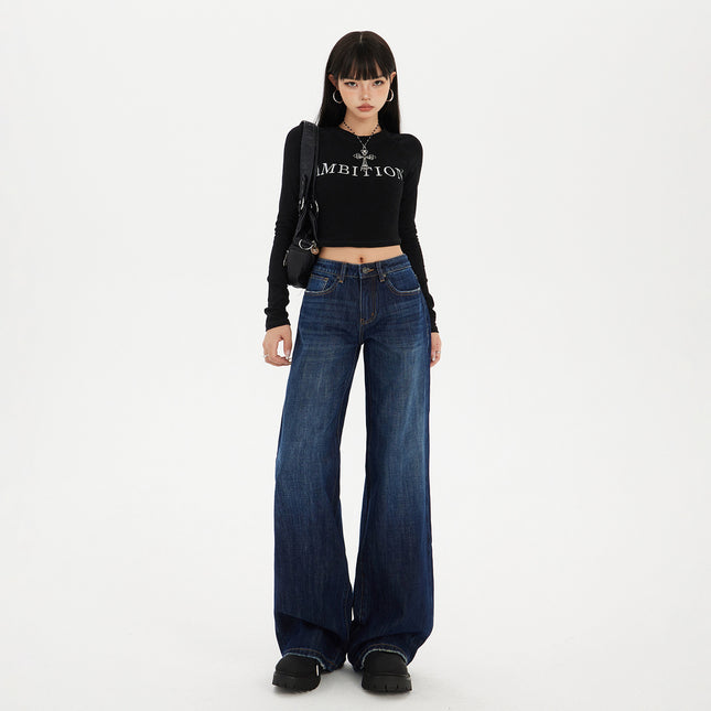 Raccoon Dark Blue Wide-Leg Jeans for Women Autumn and Winter 2025 New Straight-Leg Loose Draped Cat Pattern Tall Pants