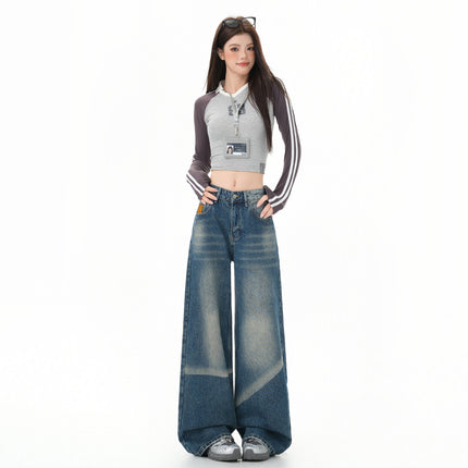 Vintage Blue Versatile Wide-Leg Jeans for Women 2025 Autumn New Straight Loose High-Waisted Slimming Floor-Length Pants
