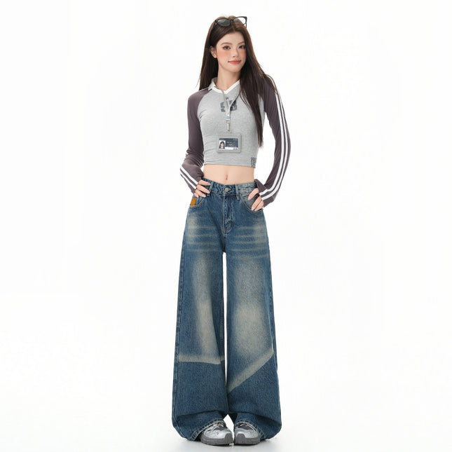 Vintage Blue Versatile Wide-Leg Jeans for Women 2025 Autumn New Straight Loose High-Waisted Slimming Floor-Length Pants