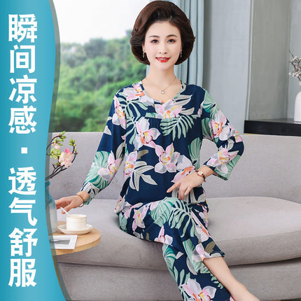 Women's Pajamas 2026 New Spring and Summer Cotton Silk Pullover Long-Sleeve Cool Thin Round-Neck for Middle-Aged and Elderly Mothers