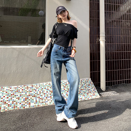 2025 summer new vintage distressed mid-waist straight pants women's loose slimming all-match floor-mopping jeans
