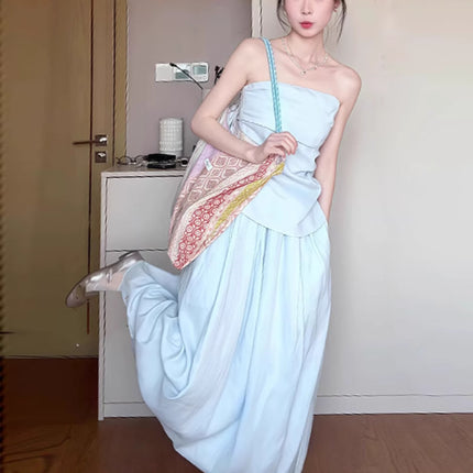 2025 Spring and Summer New Korean suit Shirt Strapless Top Skirt light blue
