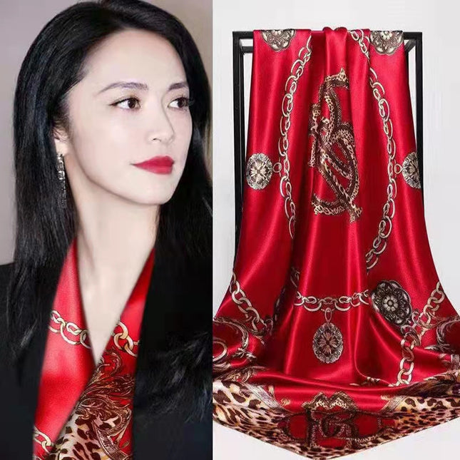 Mother's Day Gift Factory Direct Smooth Satin 90 Large Square Scarf Headscarf European and American Style Oil Painting Silk Scarf Women's Shawl Wai